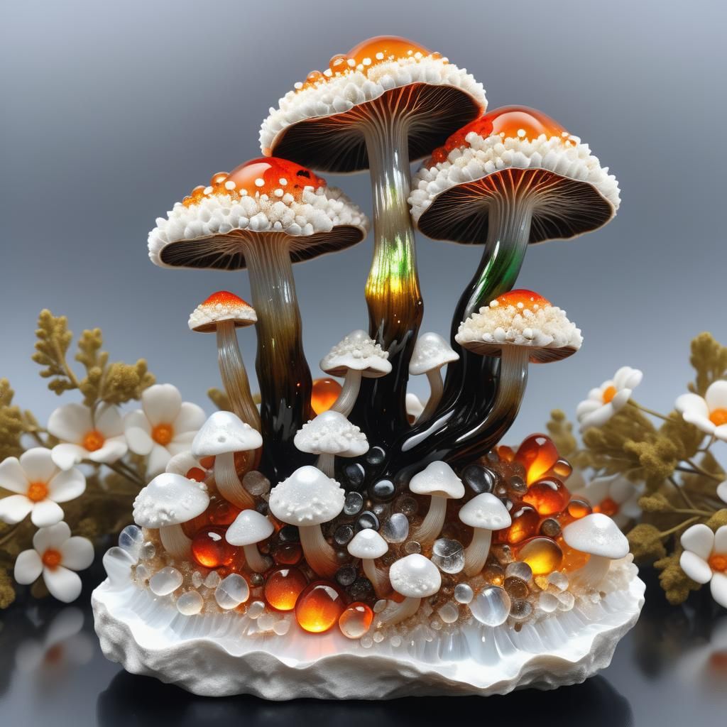 Coral Calcite Amber Cap Mushrooms