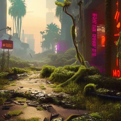 Overgrown city after flood severe climate, empty street as people work from home, cyber security risk ... undefined