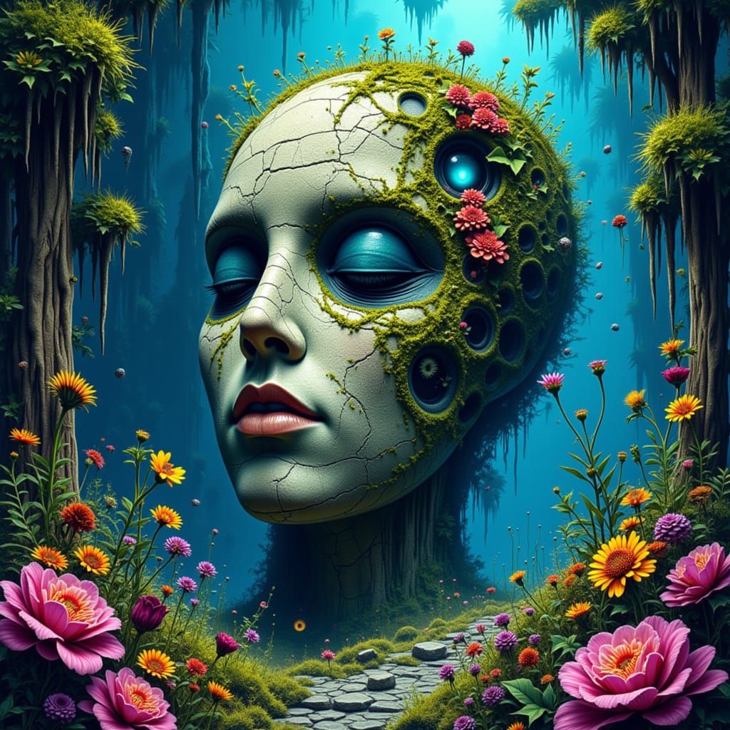 <lora:Colors Of Love:1.0> An ancient, colossal stone head half-submerged in a vibrant, alien jungle. Bioluminescent flora illuminates the sc...