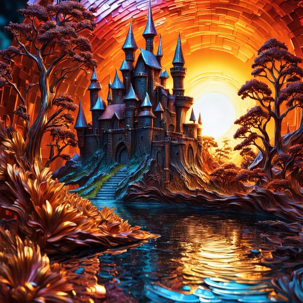 Serene Sunrise Lake with Castle in Metal Relief Art