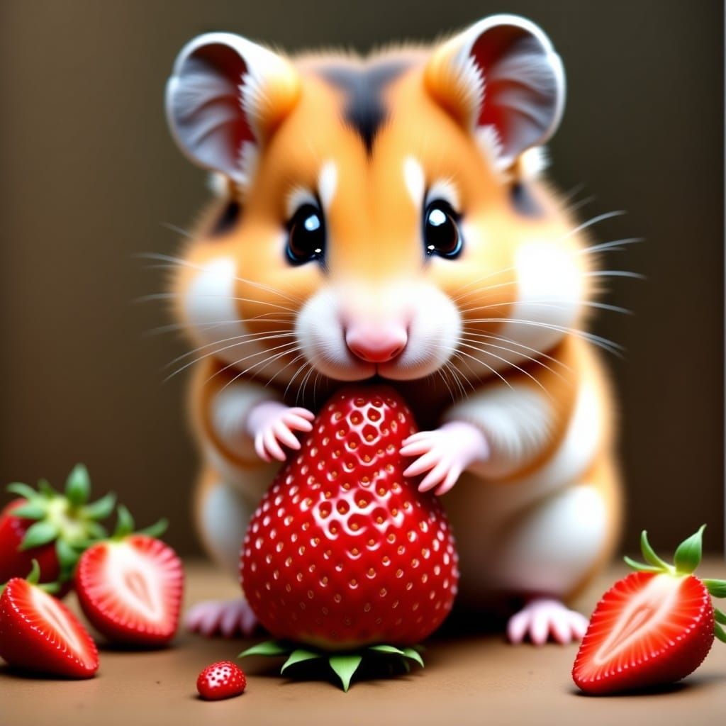 Cute Hamster Eating a Large Strawberry, hyperrealistic, hyperdetailed <lora:Real 3D Adorable:1.0> 