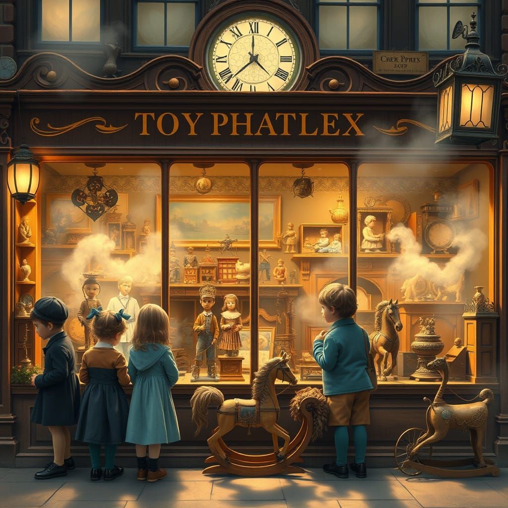 children pressing their noses at the windows of a huge toy store front displaying hundreds of toys in ...  by @asfasty