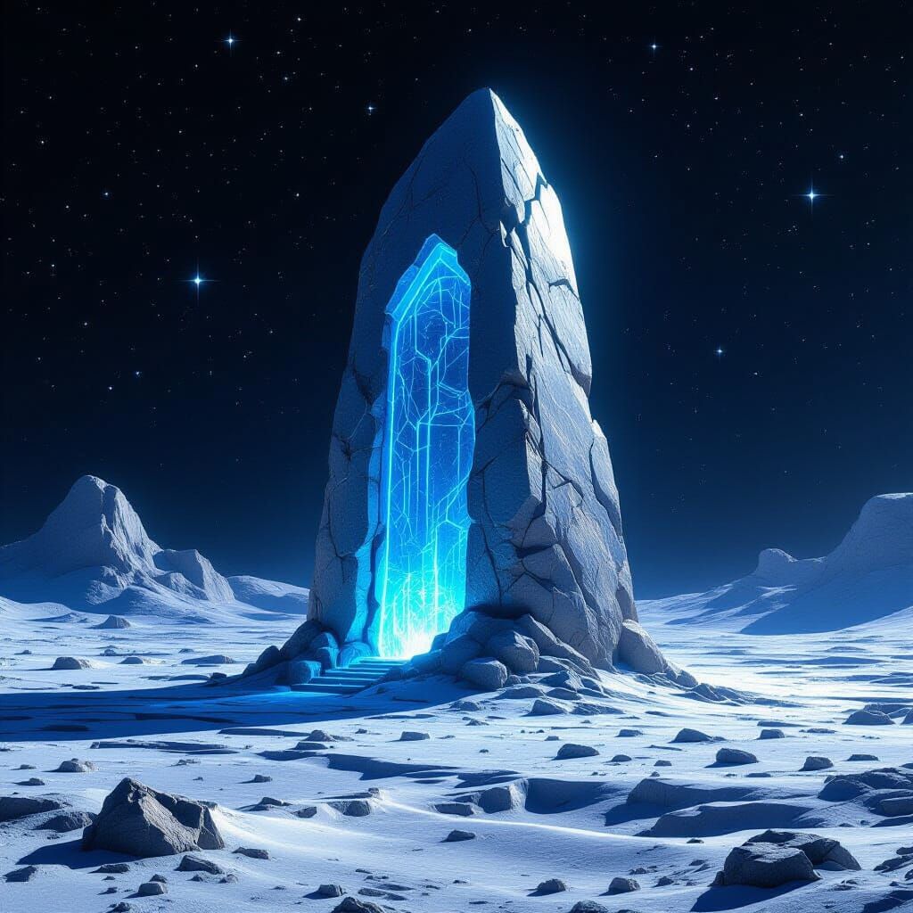 Alien Stone and Glass Monolith on Moon