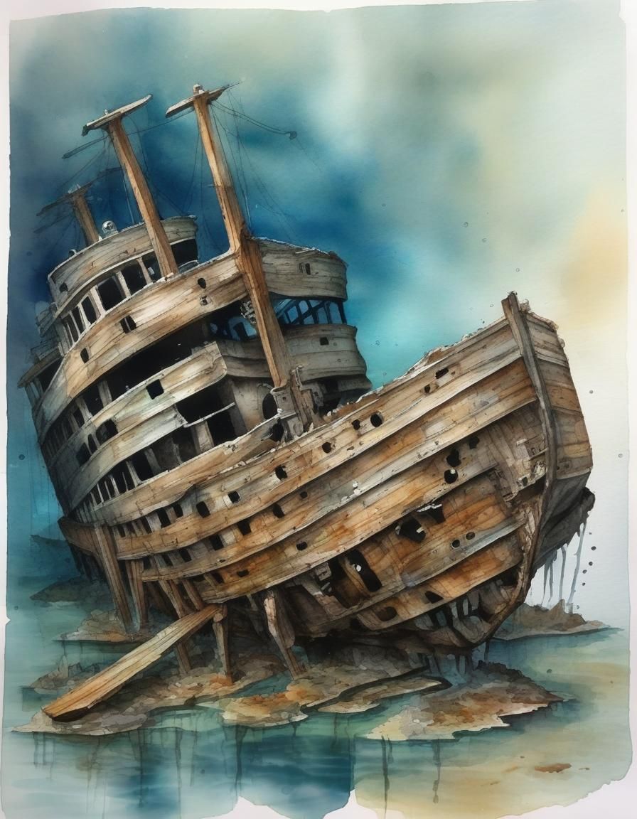 Underwater Shipwreck, old (broken 1.5) wooden hull (spreadin...