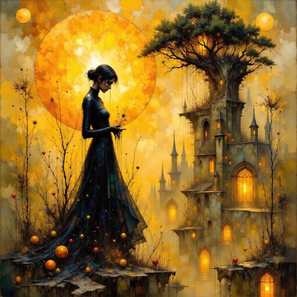 Nature goddess, yellow, gold and black hues, in Klimt style <lora:Earth and edge:1.0>