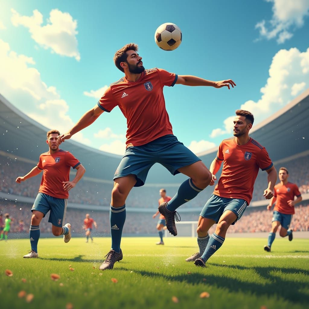 A dynamic scene of a group of athletic men playing soccer on...