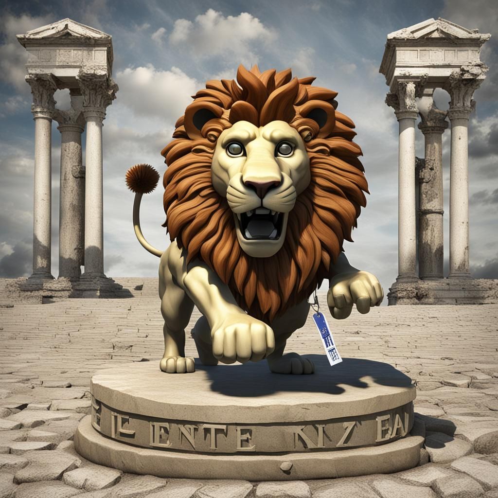 a crazy lion holding a tag that says "EIΣTE EΔΩ " in GREEK