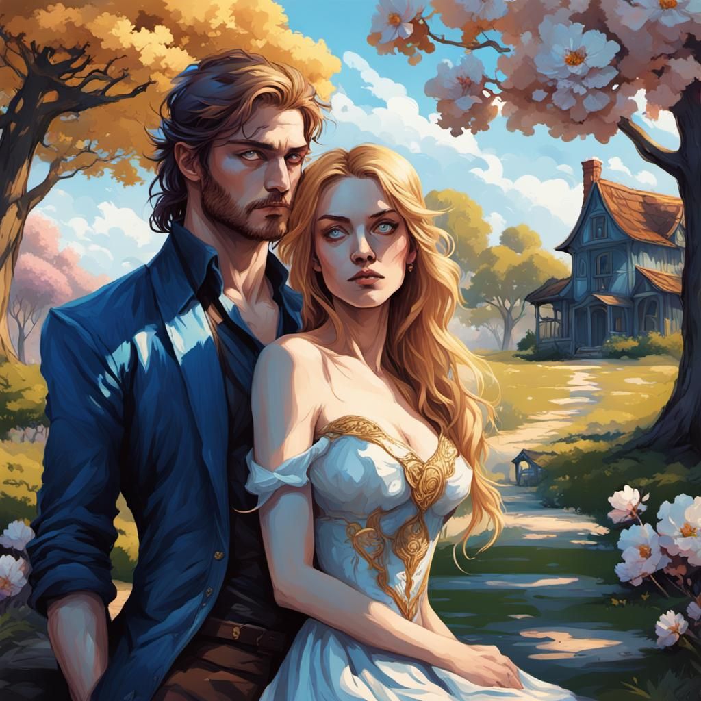 be in love with a narrative poem, desire fantasy genre and a girl with her  boyfriend she is un weard cloth & blossoms and open chest foot to... - AI  Generated Artwork -