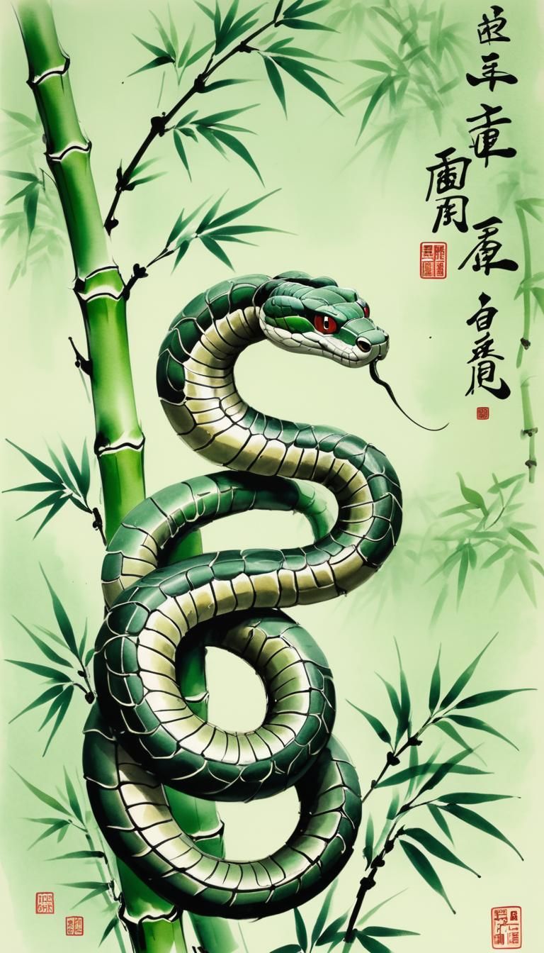pen and ink drawing of an anatomically correct snake on bamboo. light green wash. Chinese characters ...  by @D0npen