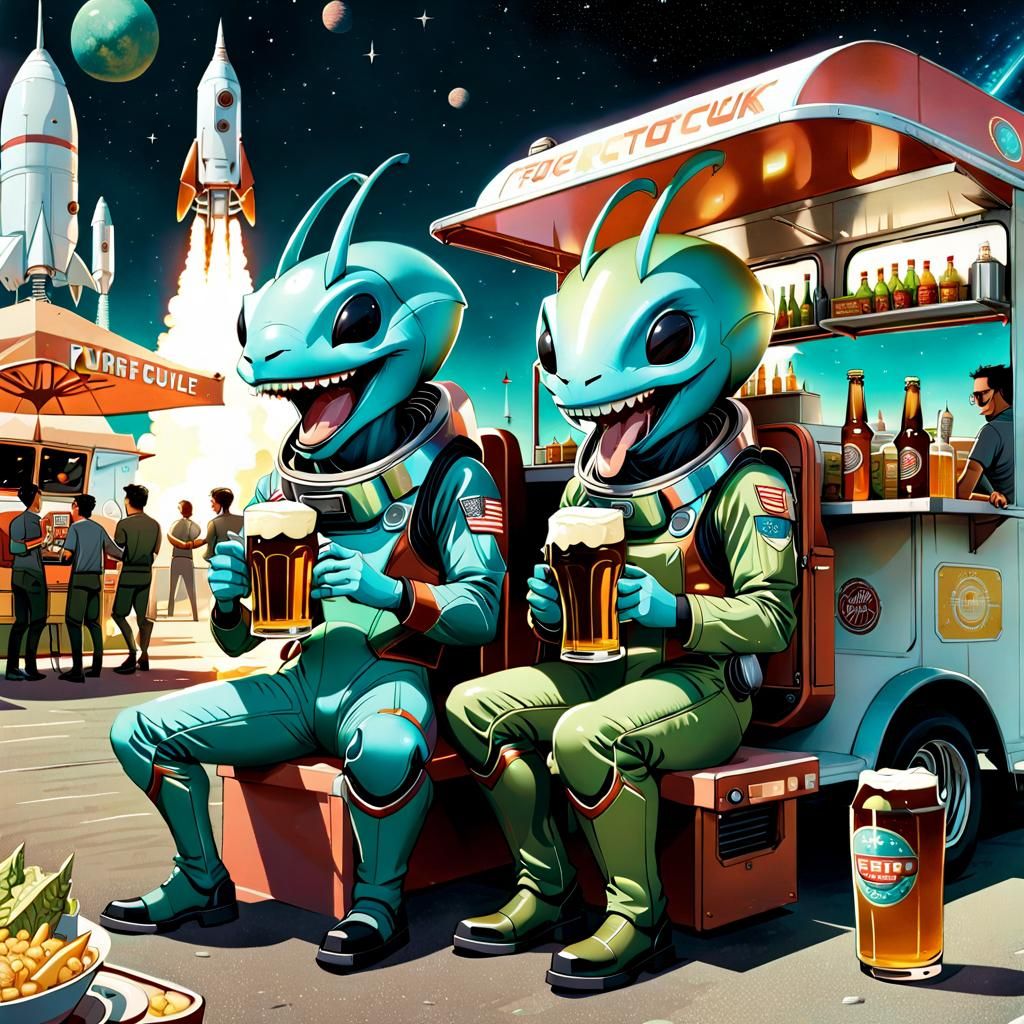 two space alien travelers laughing in front of a food truck from the future  by @undefined