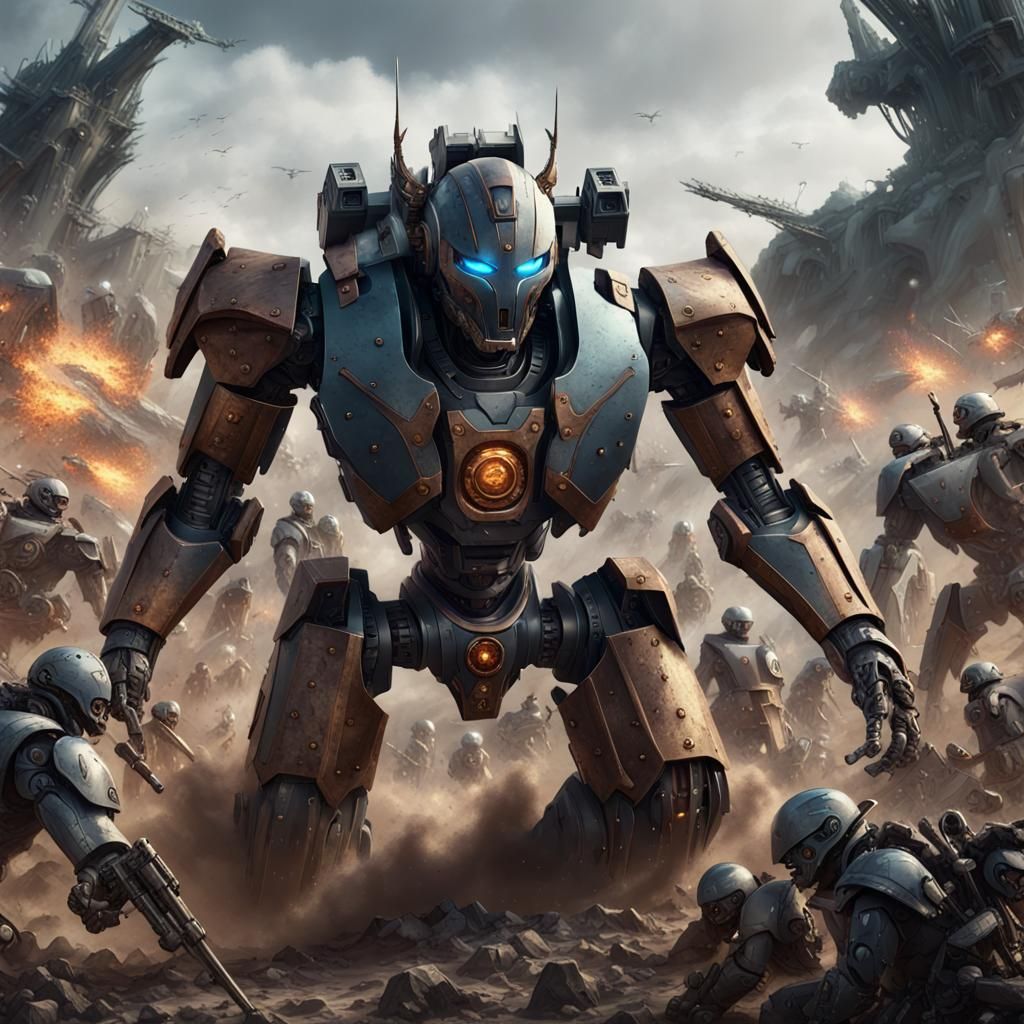 Extremely menacing war robot wreaking havoc on a battlefield full of ...