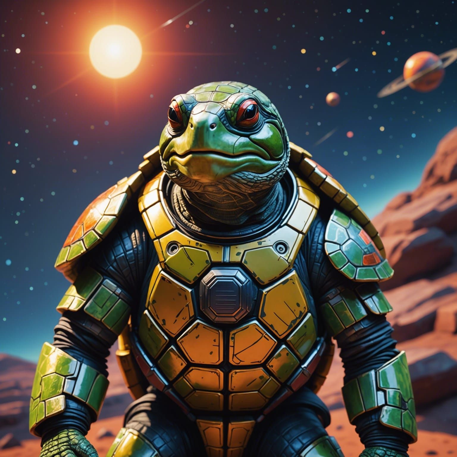 Red-eared Slider Turtle In Outer Space Wearing Spacesuits. Unreal 