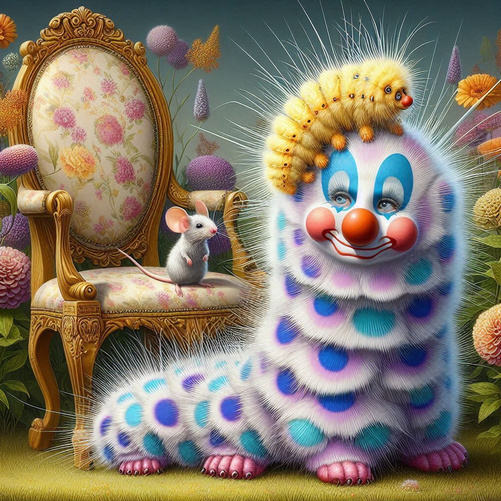 Happy clown caterpillar, and friends, one on head.