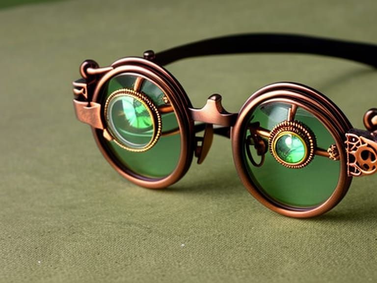 Steampunk glasses with green Spark on the table  by @Thunder Cube