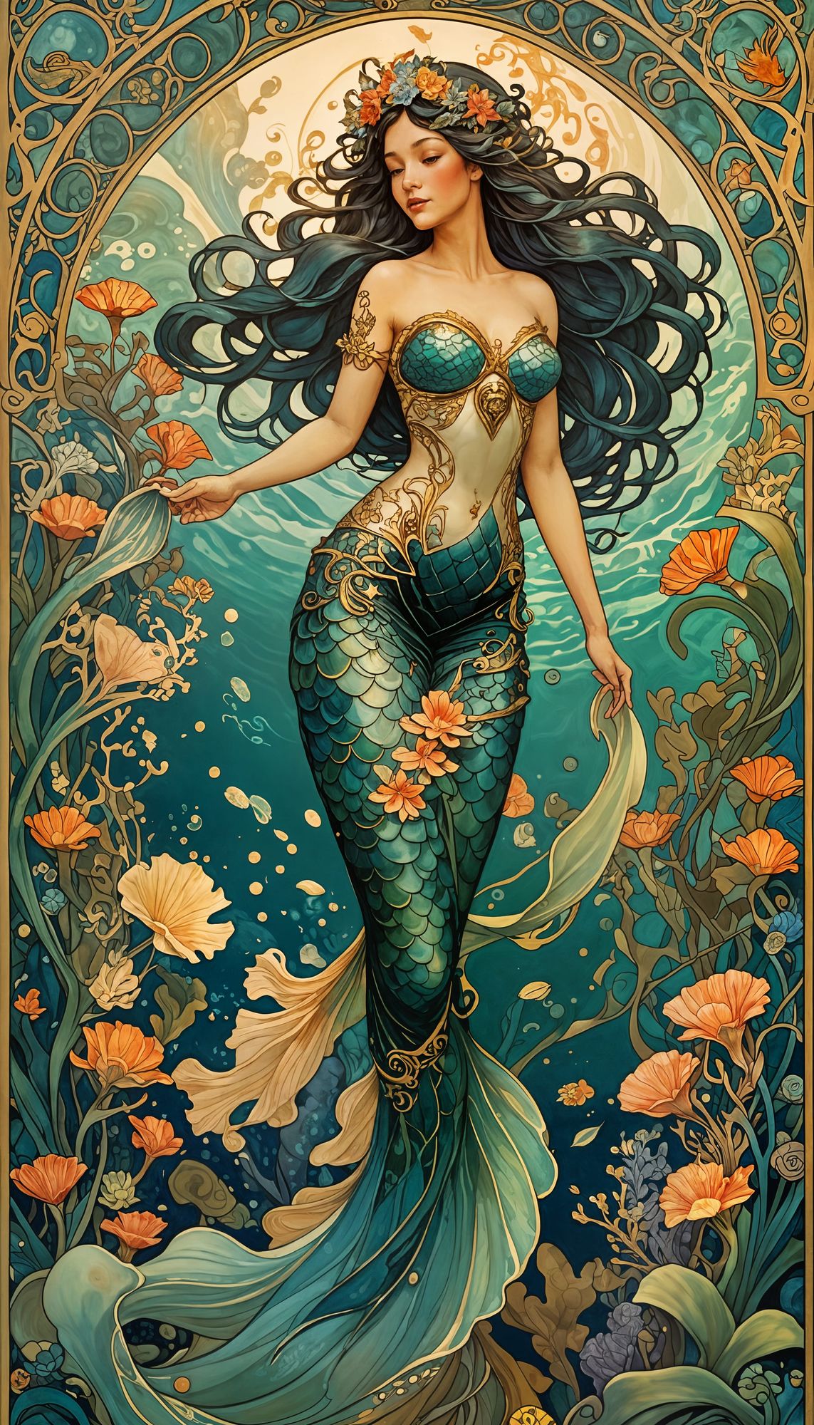 Maori, merfolk, art nouveau, full body portrait, intricate details, complementary colors
