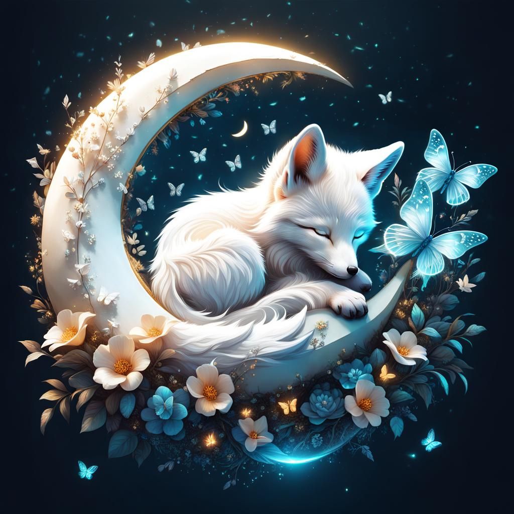 Sleeping White Fox on Bioluminescent Moon