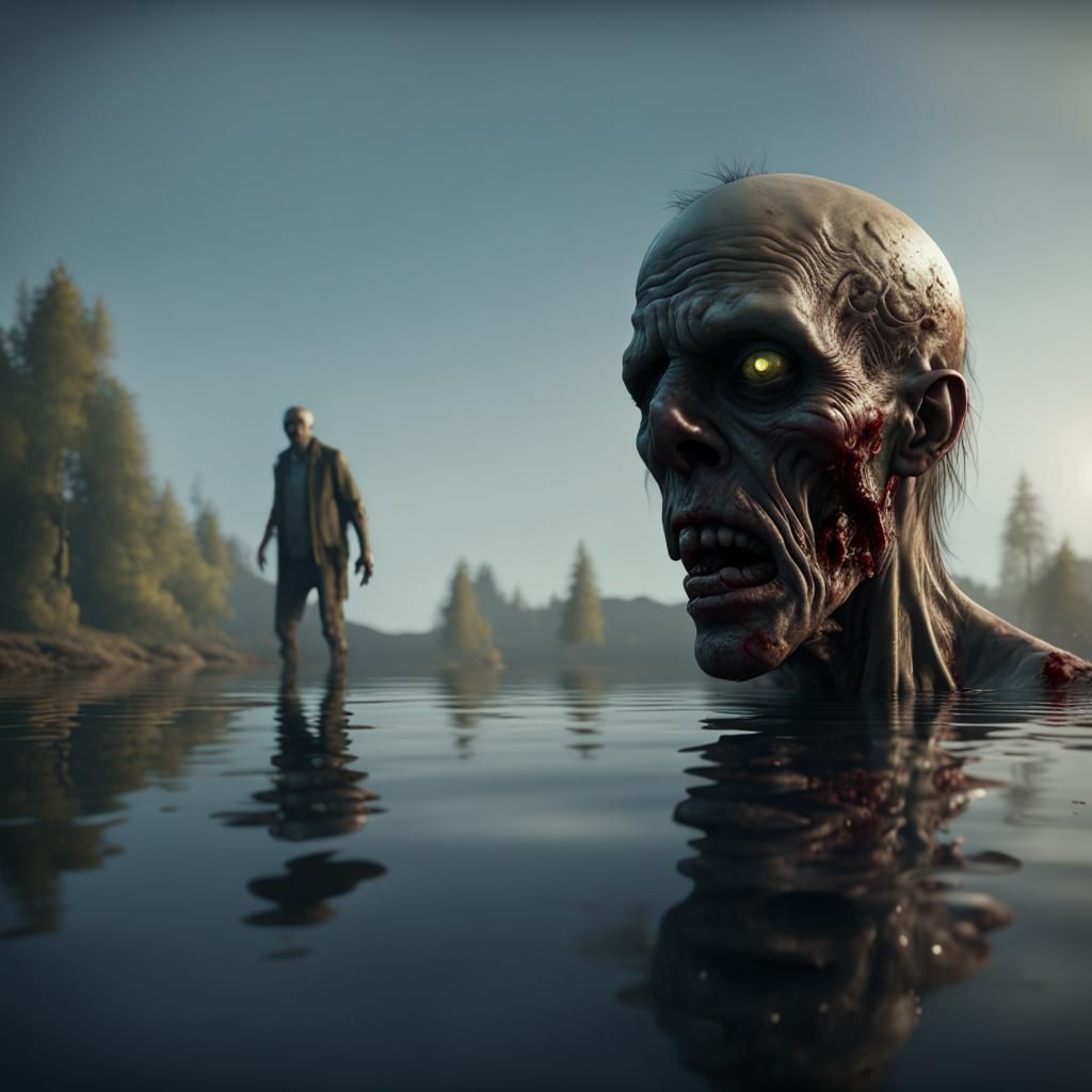 A zombie, somber in water