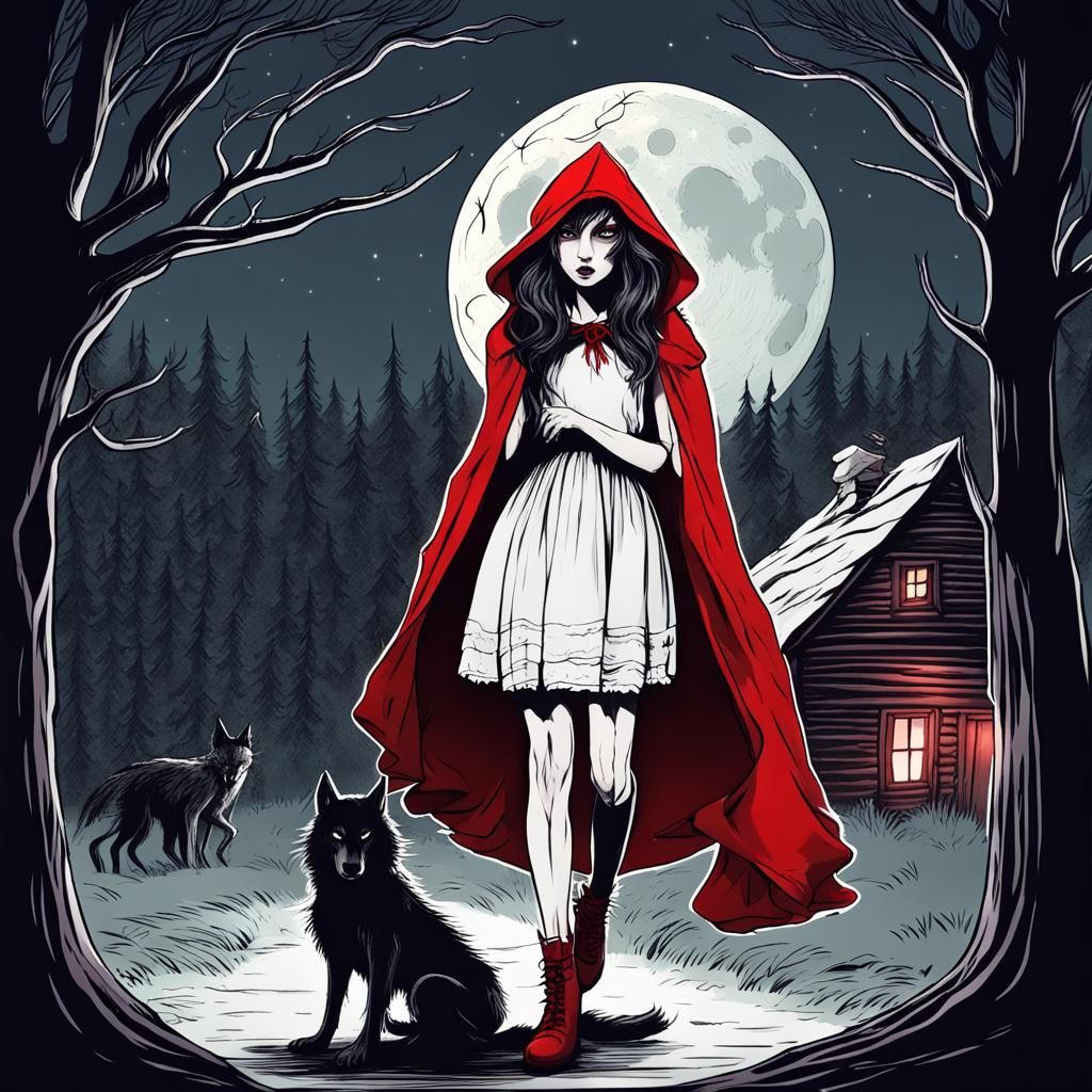 Werewolf Little Red Riding Hood; dark fairy tale; cabin in the woods in ...