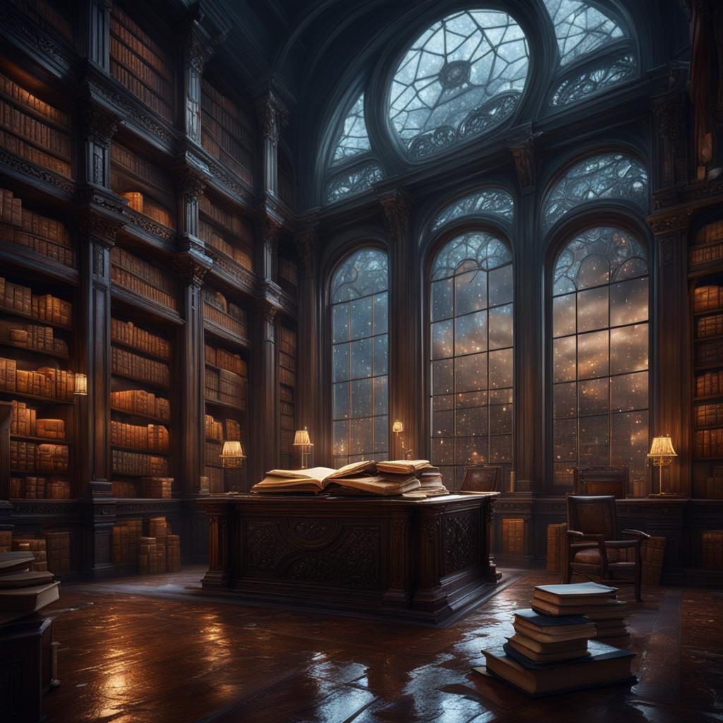 Books and a large library with a window while it is raining