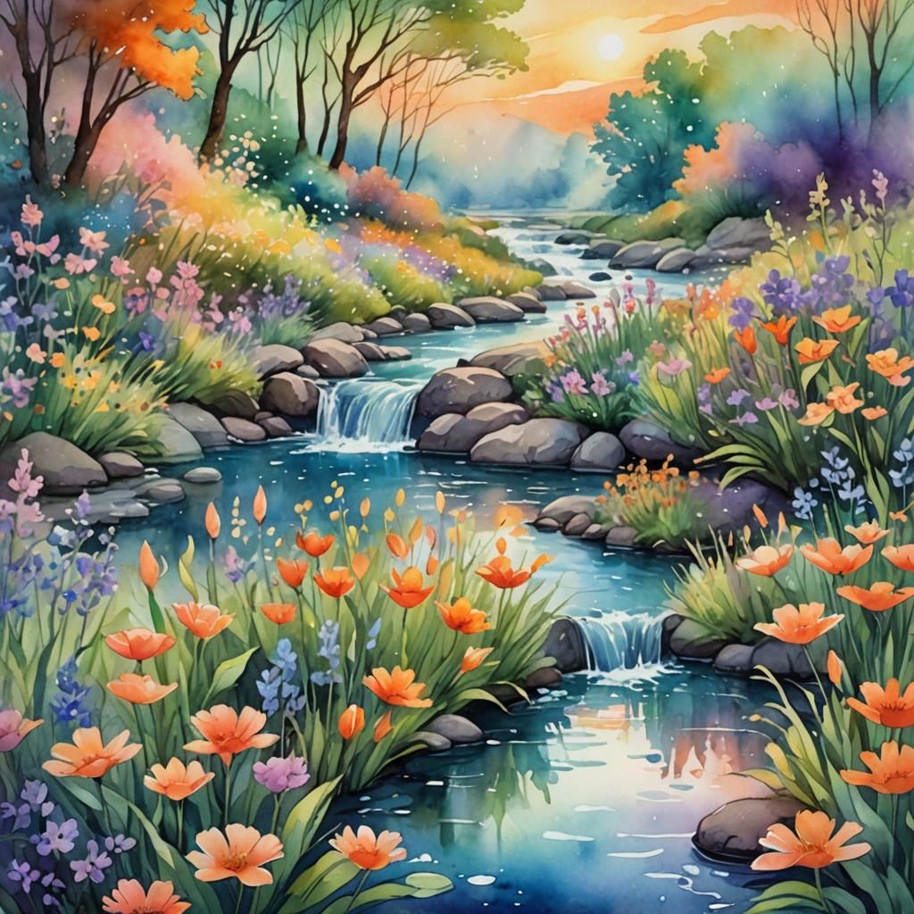 Watercolor Stream at Sunrise: Fantasy Concept Art