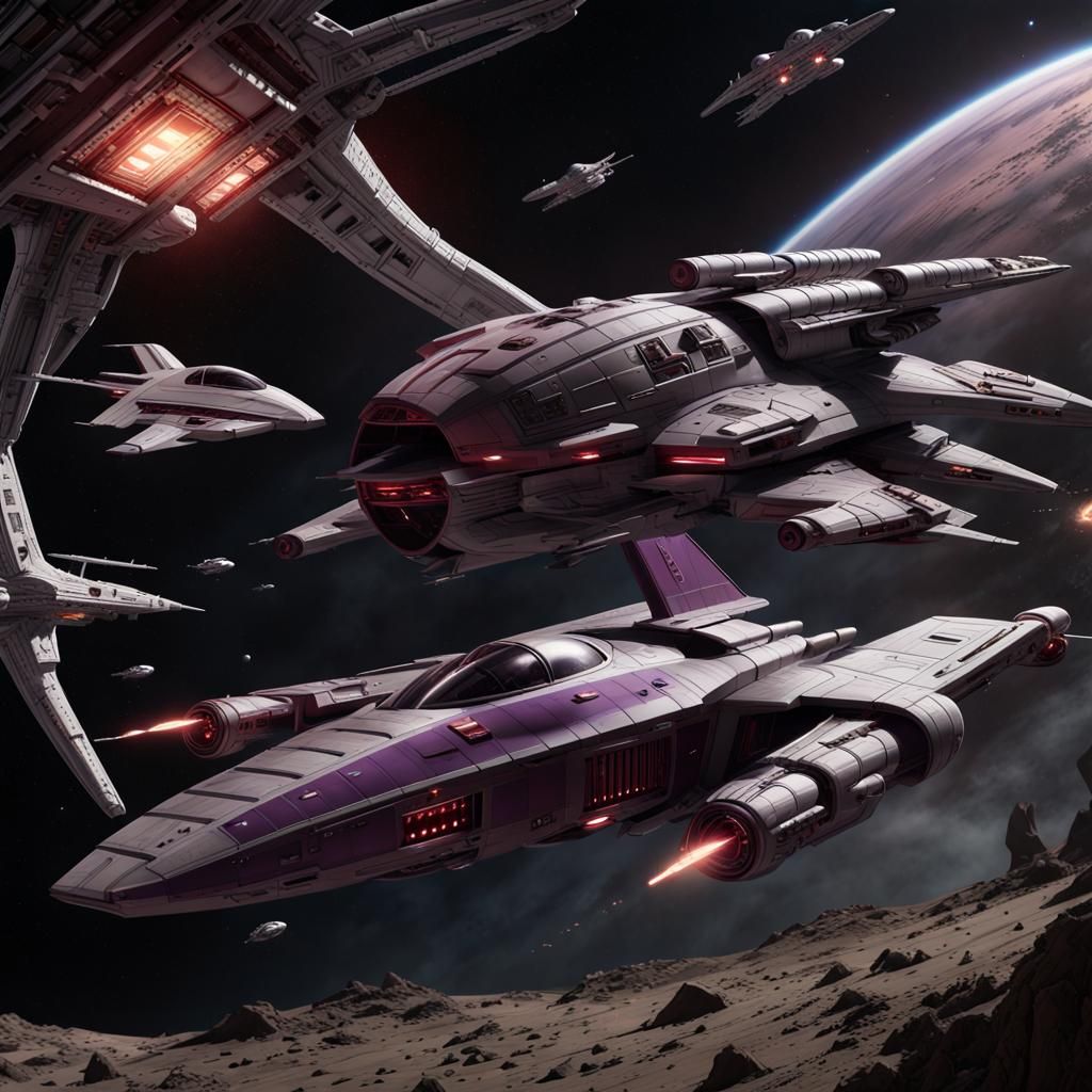 The first Battlestar, Galactica in space surrounded by viper fighters ...