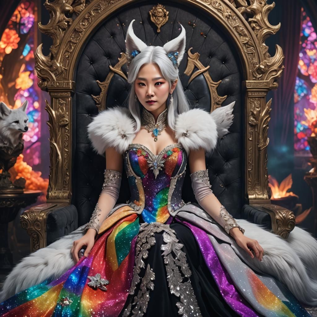 korean lady silver hair rainbow dress rainbow crystals white...