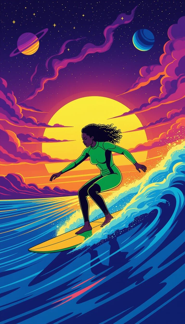 Cosmic Wave Surfing: Black Woman in Neon Wetsuit