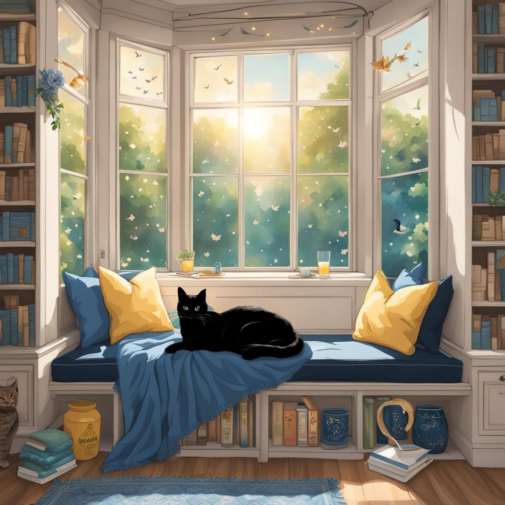 Ravenclaw themed book nook, window bench seating with pillows and throw ...