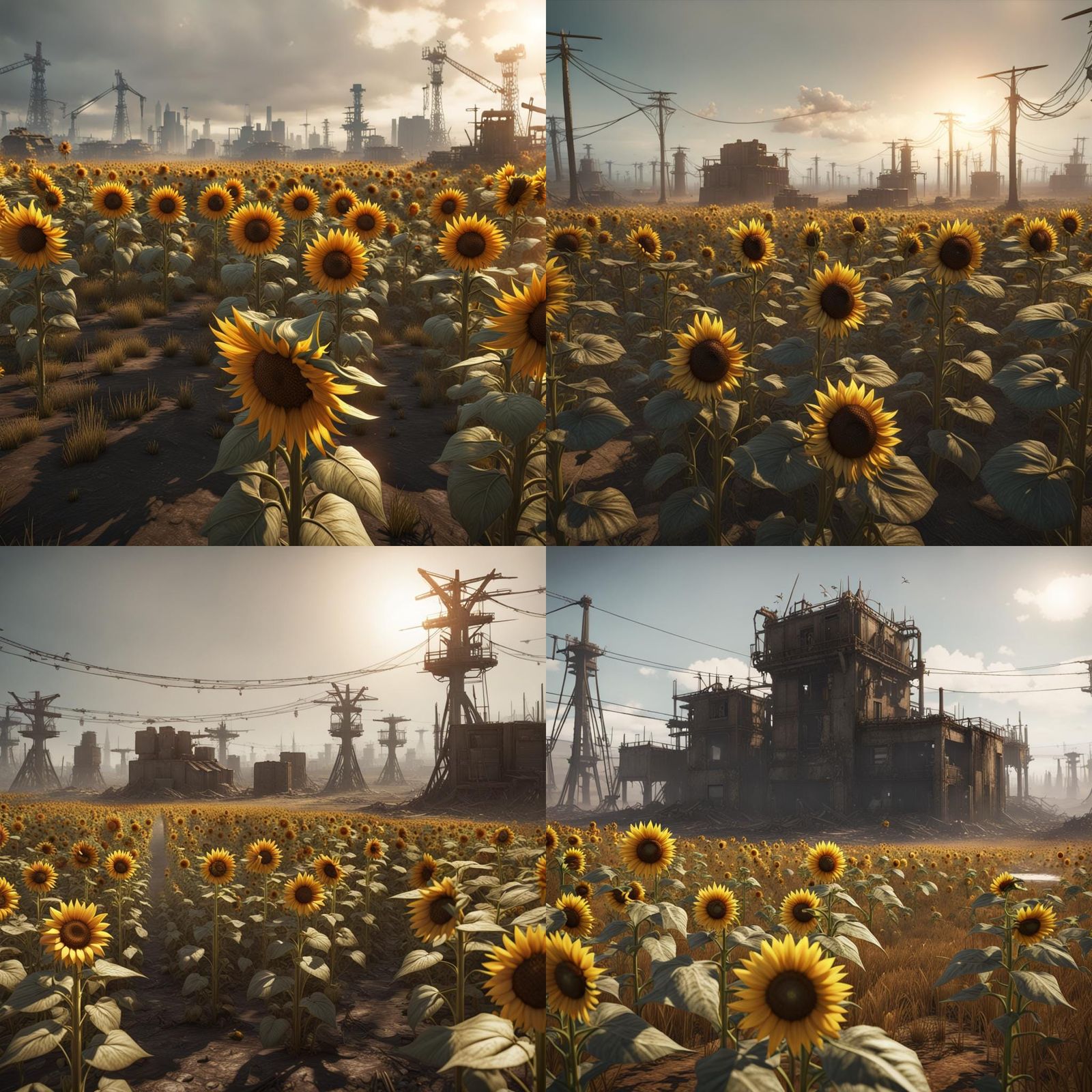 Protected geo Sunflower field the middle of a post apocalypt...