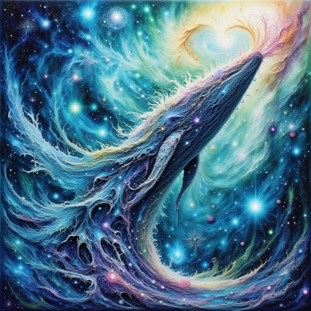 <lora:Eco Flow:1.0> EXQUISITELY BEAUTIFUL ethereal whale breaching from a sea of swirling alcohol inks, its body dissolving into vibrant, ab...