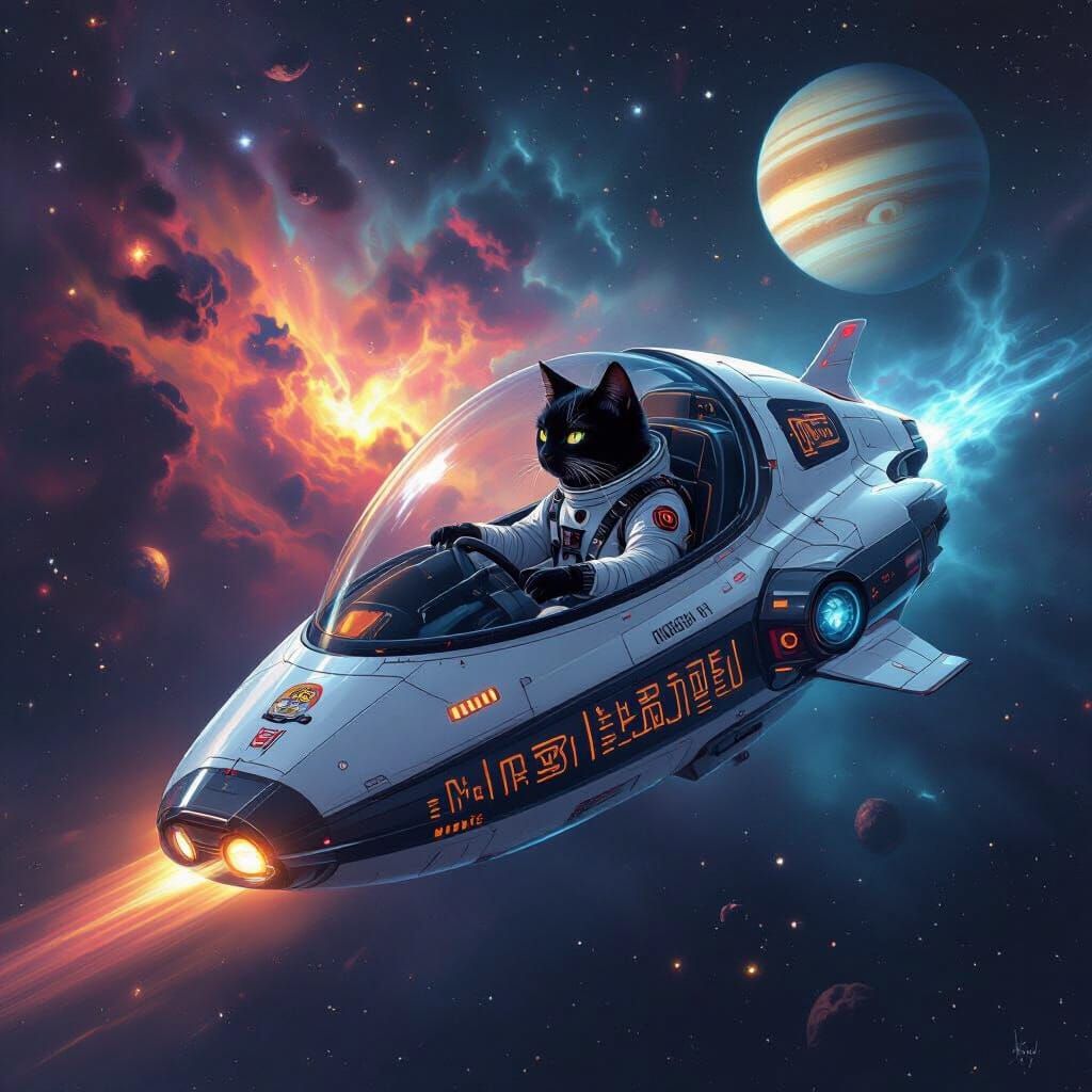 Through the Gate : In deep space, with a glowing nebula in background, ringed planet in upper right. In foreground, a space pod with transparent canopy and ali...