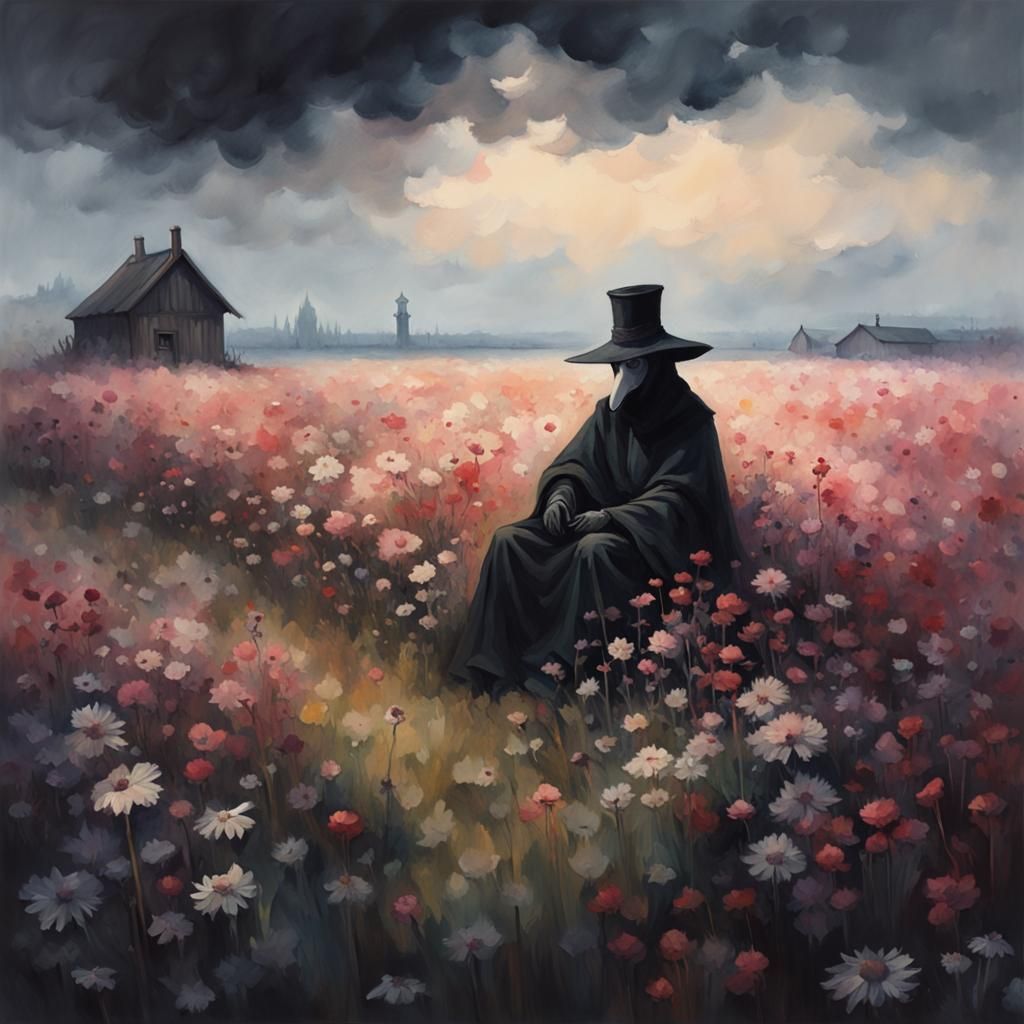 Plague Doctor in Flower Field Watercolor Painting
