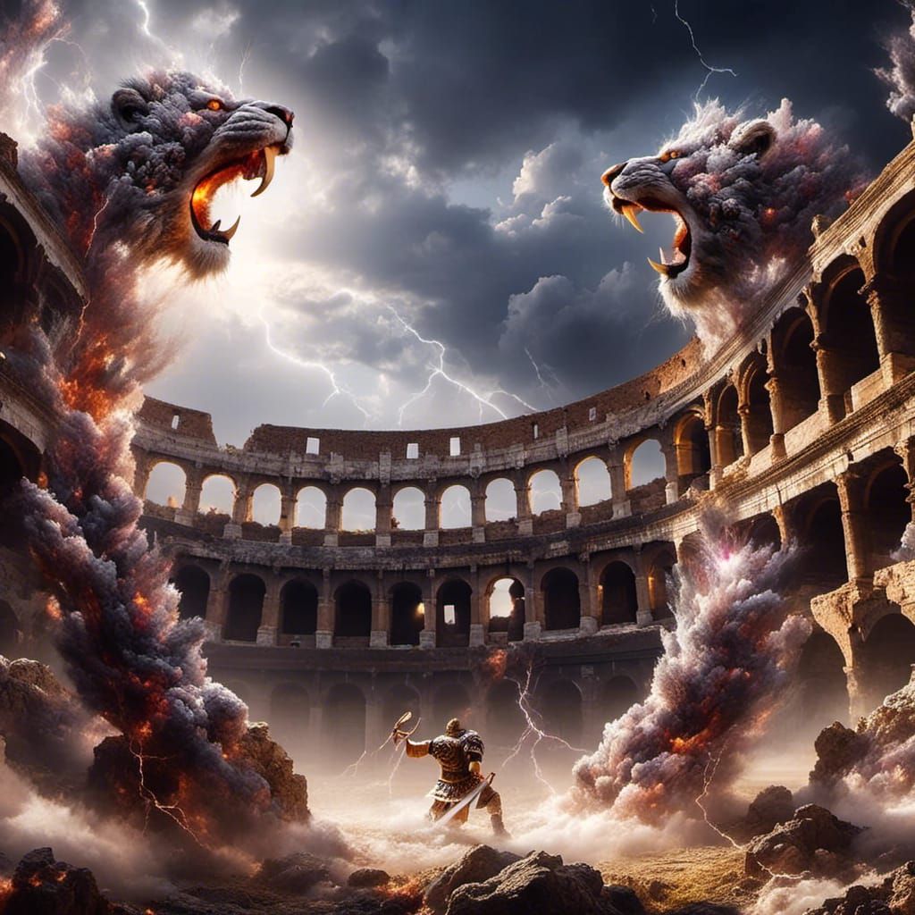 <lora:Natures Fury:1.0>  Gladiators facing off against lions...