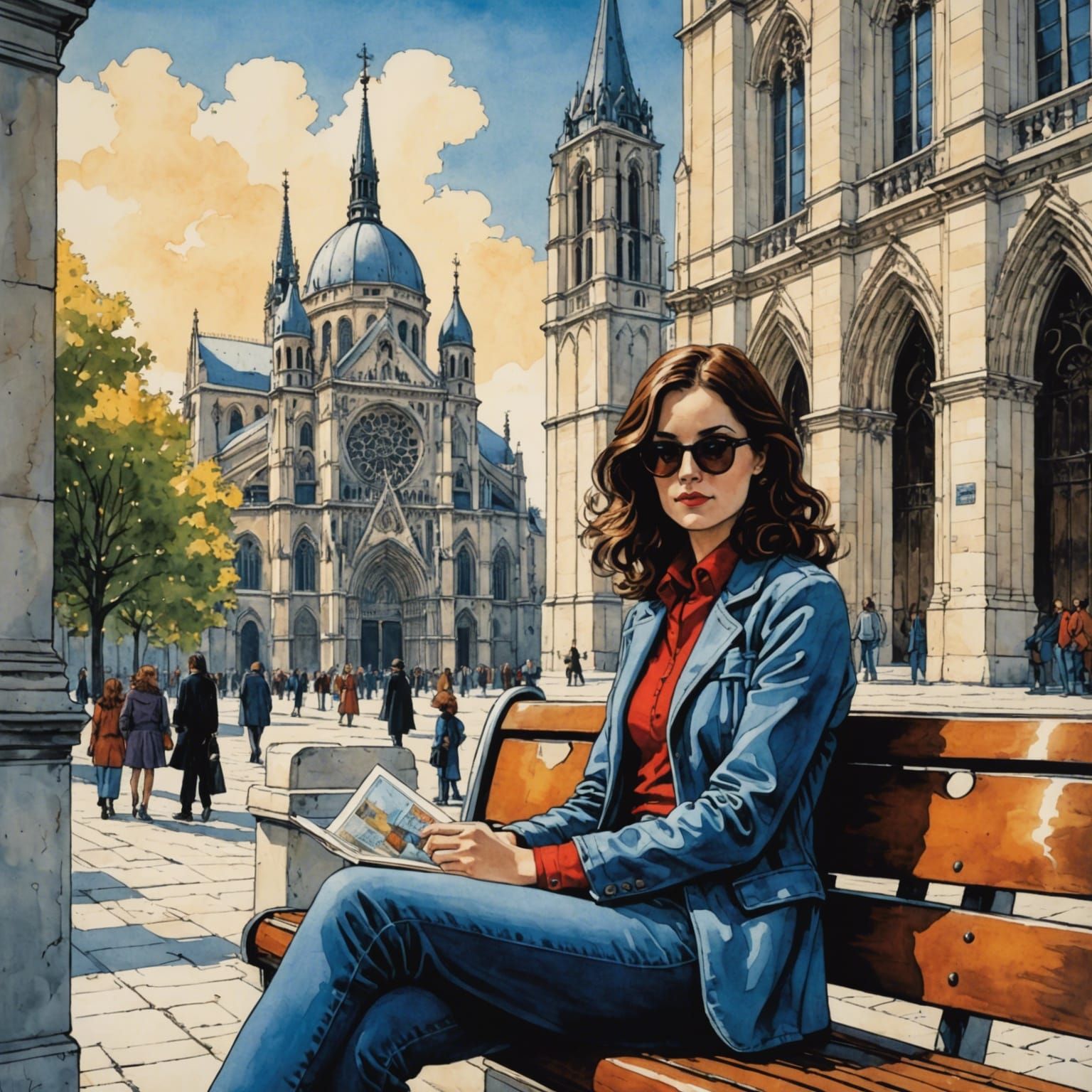 Pretty Parisian seat the cathedral.