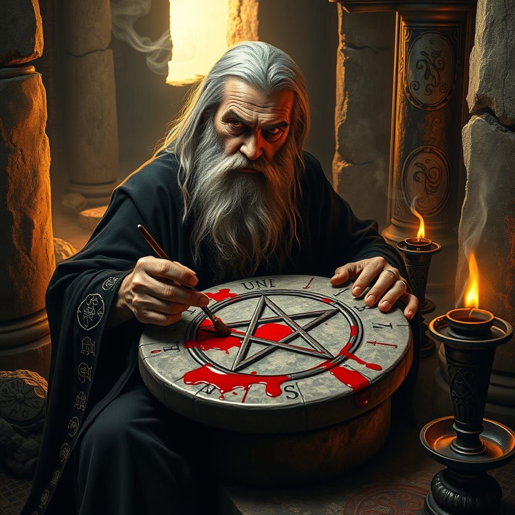 Wisdom's Incense: Aged Occultist Paints Pentagram with Crims...