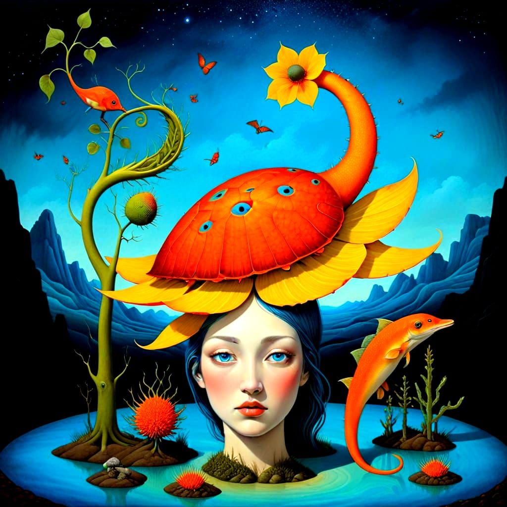 Surrealistic Landscape with Fantastical Creatures in Vibrant...