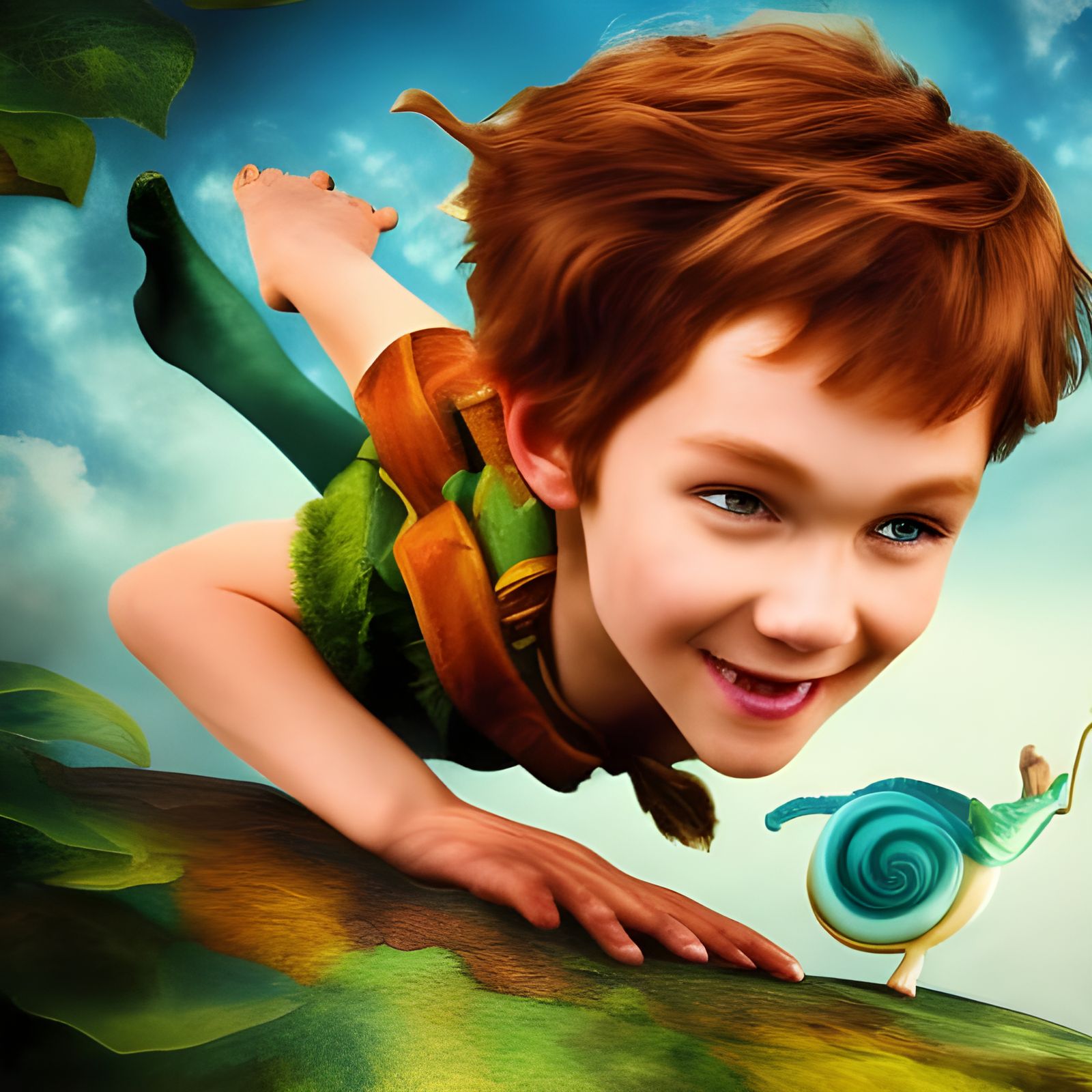 Peter Pan flying on back of snail with wendy