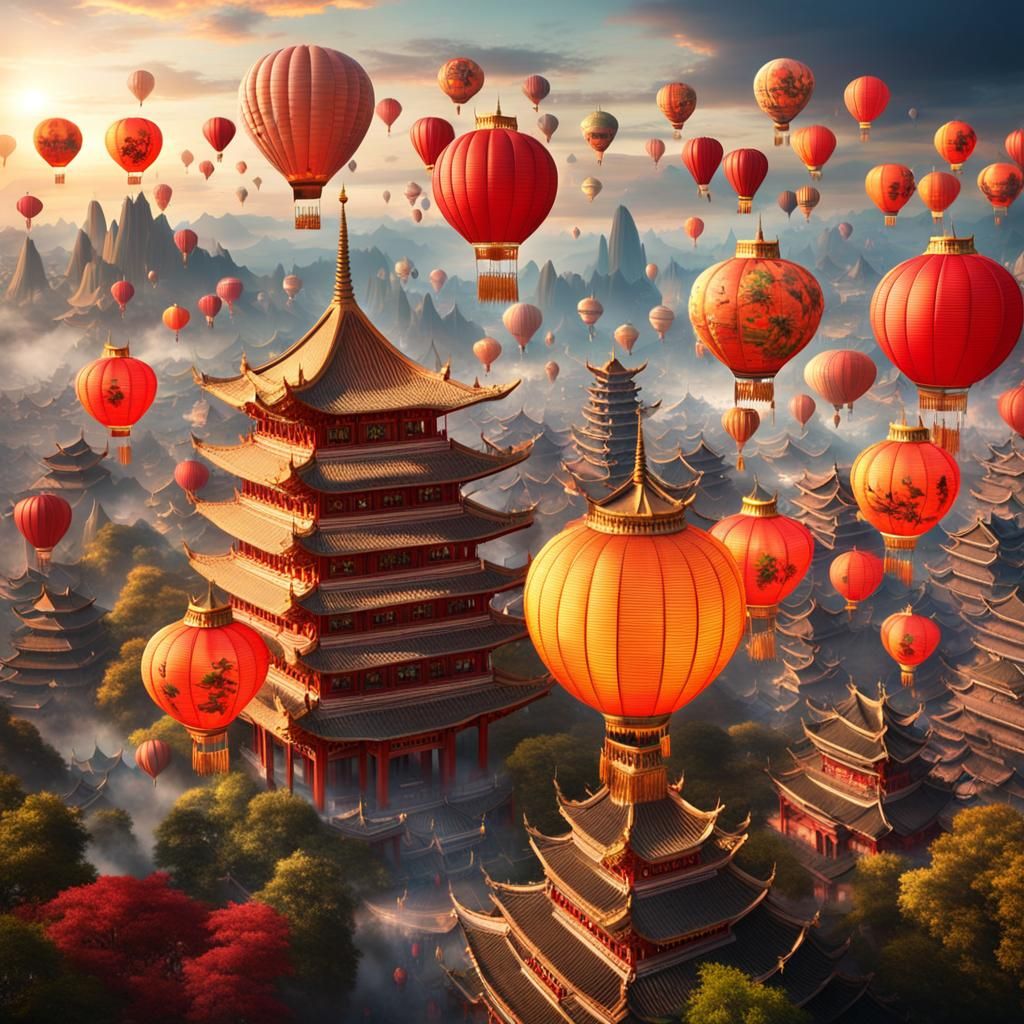chinese lantern hot air balloons in mesmerizing pagoda city AI