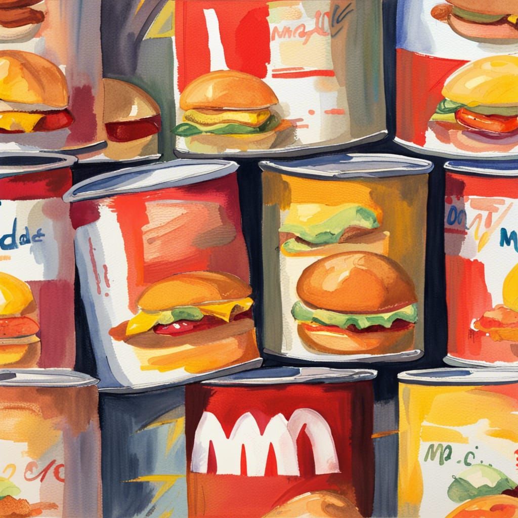 McDonalds on a soup can, in Gouache Style, Watercolor, Museum Epic