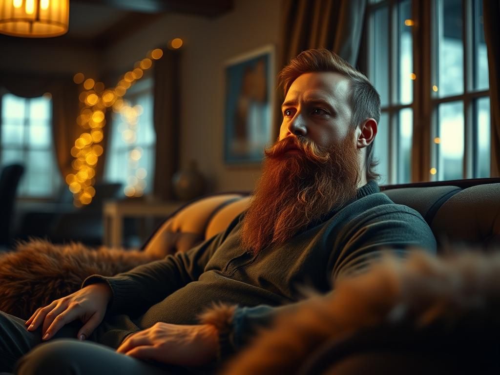 Handsome Ginger man, with full ginger beard, on a comfortabl...