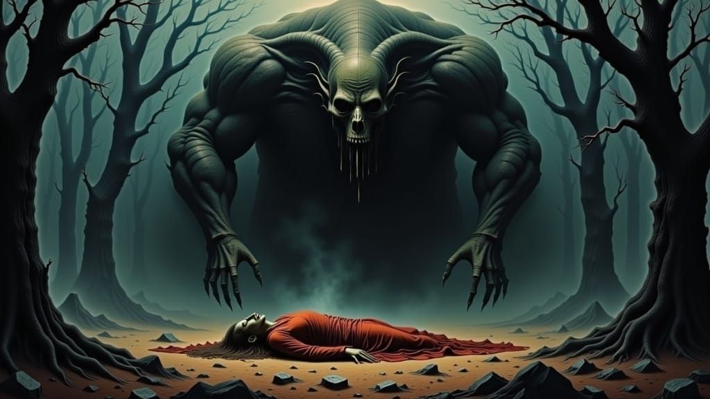 <lora:Zdzislaw Flux:1.0> 'Nightmares" dark fantasy dystopian horror/sleeping person having nightmare/person in bed surrounded by nightmaris...