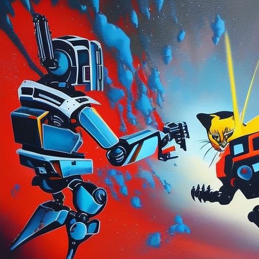 a robot fighting a cat  