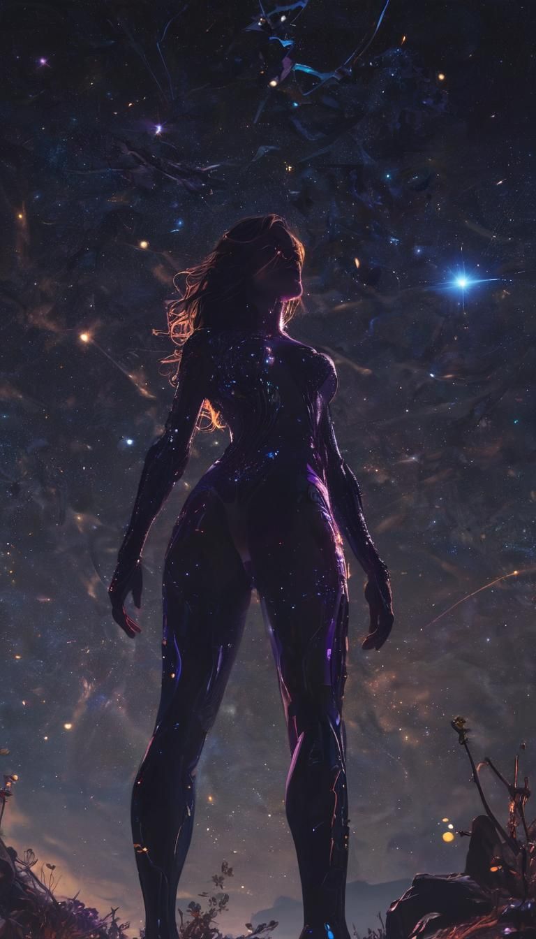 Matte painting, bio luminous colors of the rainbow. Glowing in the dark, streaks of light. Look at the stars, look how they shine for you an...