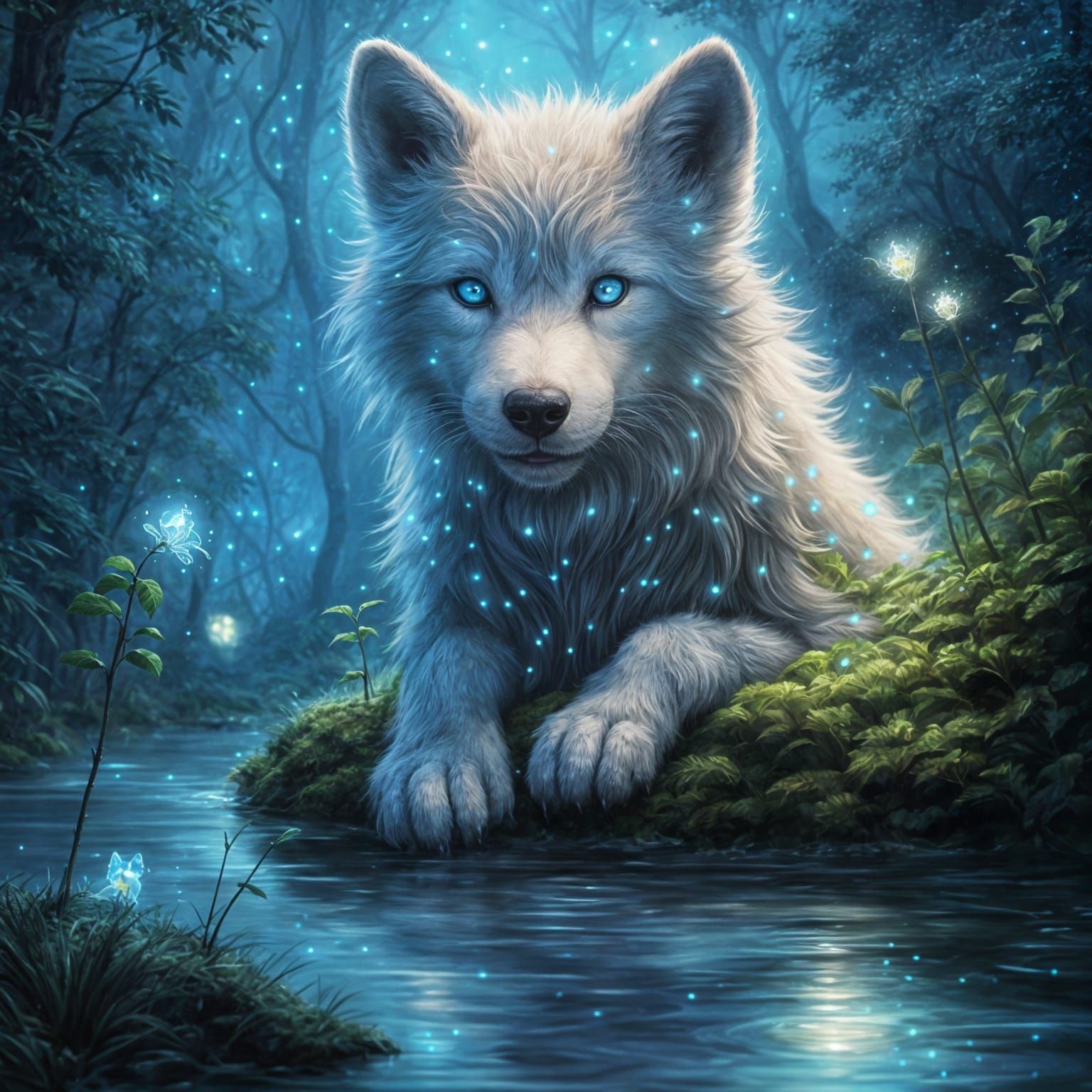 A cute wolf cub with fluffy fur and bright, curious eyes lying on a mossy riverbank in an enchanted forest. ...  by @Schoor