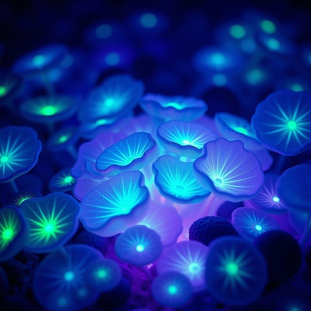 Epic Bioluminescent Subzero. A mesmerizing display of bioluminescence, rendered in hyperphotorealistic detail, where the soft glow emanates...