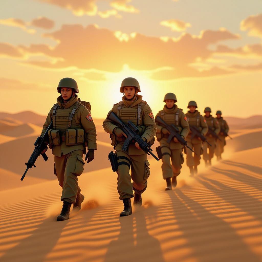 Israeli Soldiers March Through Desert Dunes at Sunset