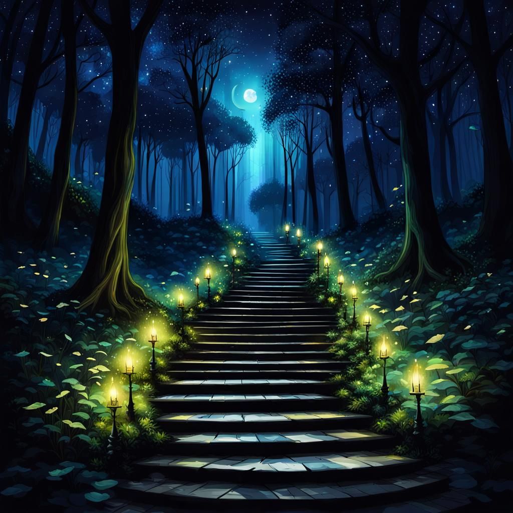 Enchanted Firefly Forest Path at Night