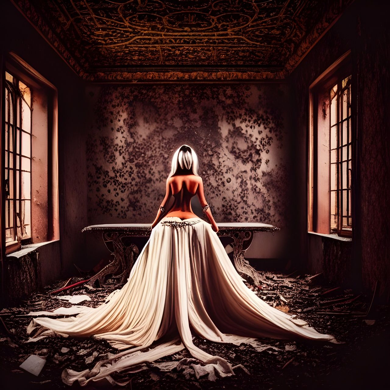 **"Undressed dark queen in an Abandoned castel , Bokeh, Cinematic