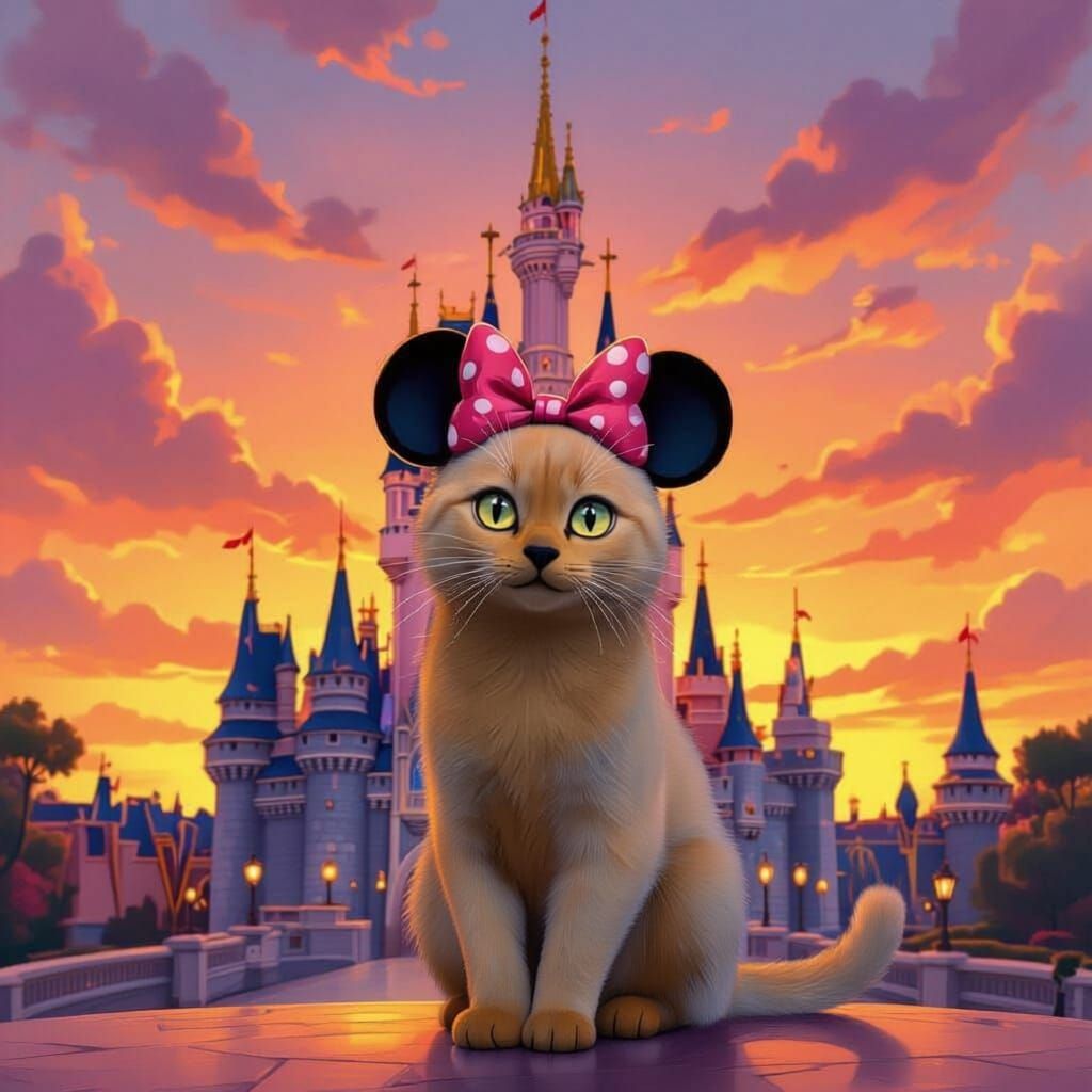 Tortie Cat (no white fur) wearing mickey ears in front of Cinderellas castle