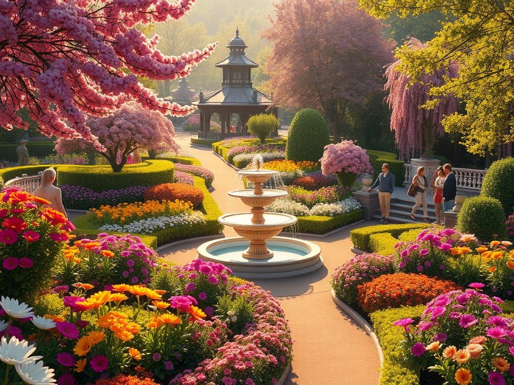 Create an image of an arboretum with assorted color flower beds during spring season with a small fountain ...  by @Nageswara